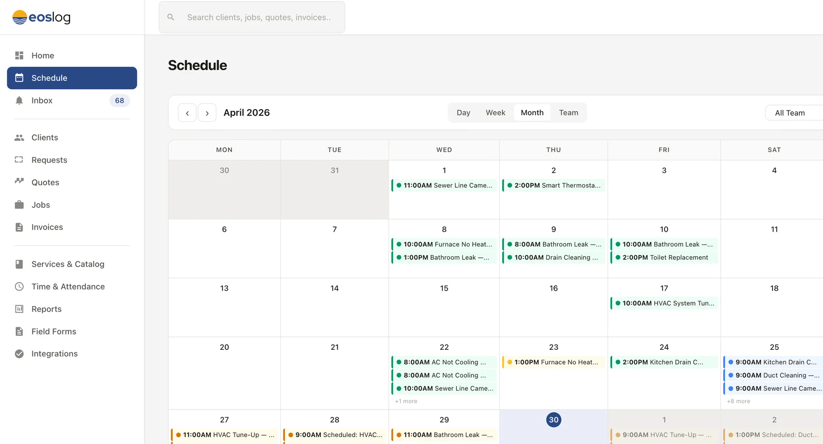 The EosLog schedule in month view, with jobs on each day